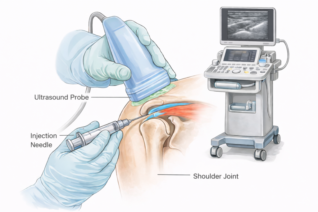 Ultrasound-guided shoulder joint injection illustration