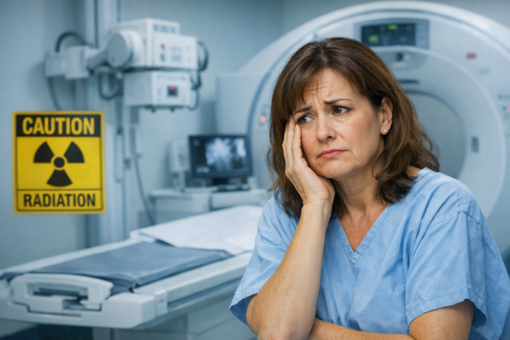 “An anxious patient concerned about radiation exposure before undergoing an X-ray or CT scan”