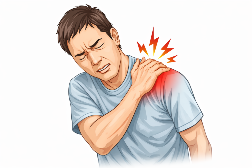 Medical illustration of a man with shoulder pain, possibly related to common shoulder conditions