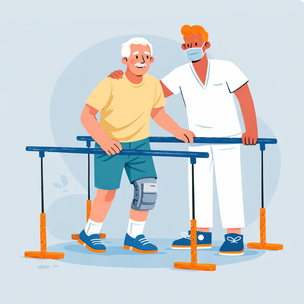Orthopedic postoperative rehabilitation illustration showing a patient practicing walking with support from a physical therapist