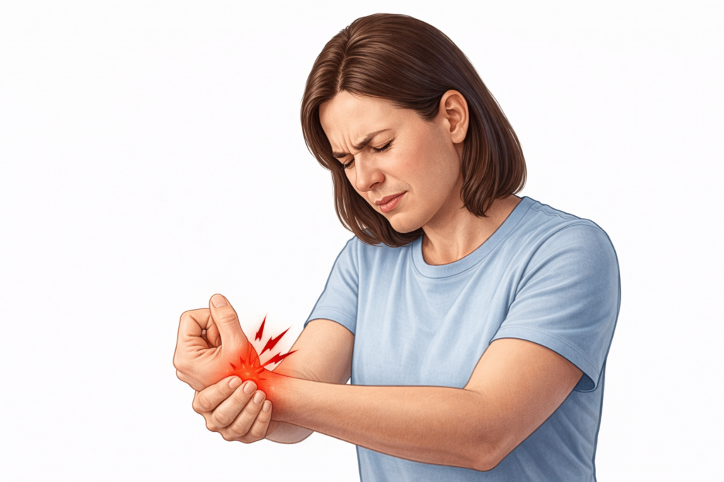 Woman experiencing pain on the thumb side of the wrist