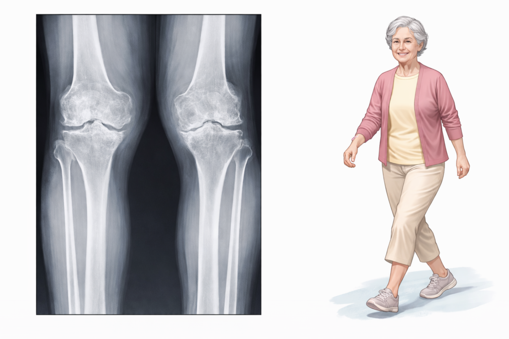 Knee X-ray showing advanced osteoarthritis with an elderly woman walking comfortably despite joint degeneration