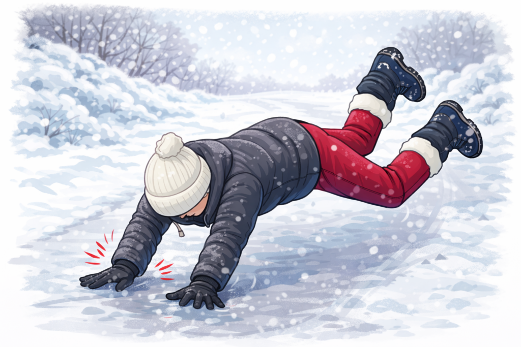 Winter slip and fall accident illustration showing wrist injury after falling on an icy surface
