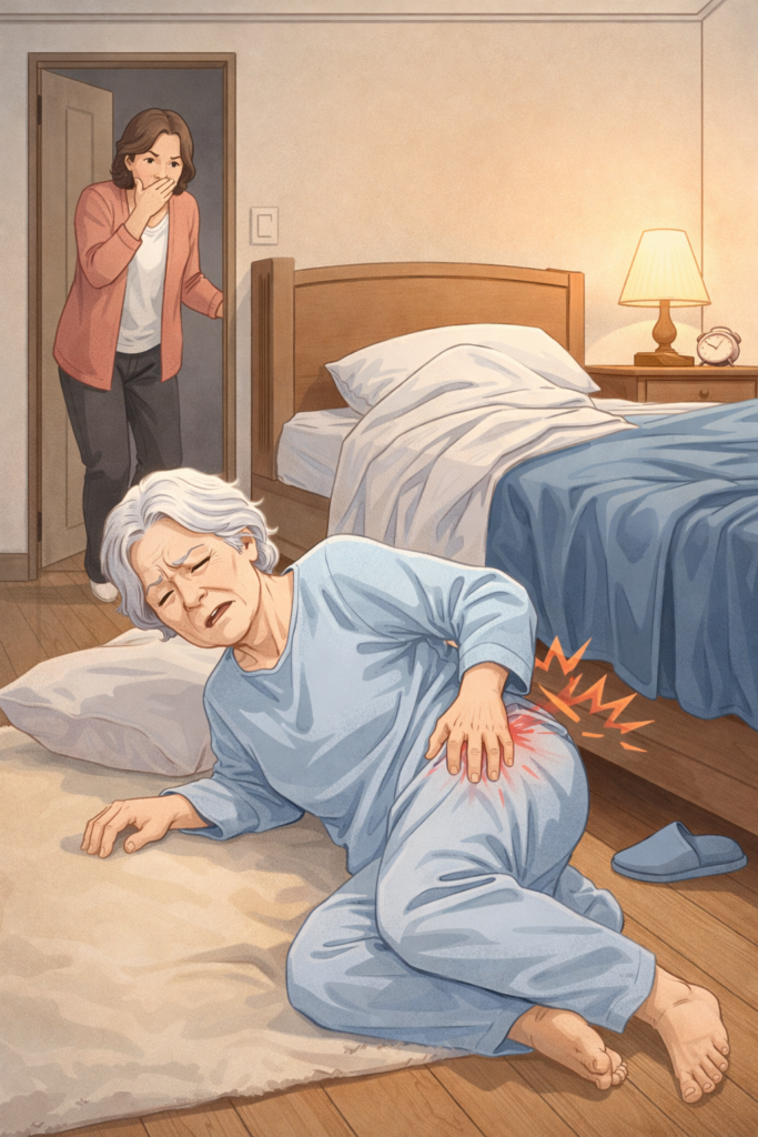 Medical illustration showing an elderly woman after a fall from bed with suspected hip fracture