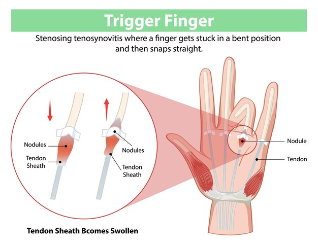 Medical illustration of trigger finger showing a swollen tendon sheath and tendon nodule, causing the finger to lock in a bent position and then snap straight.