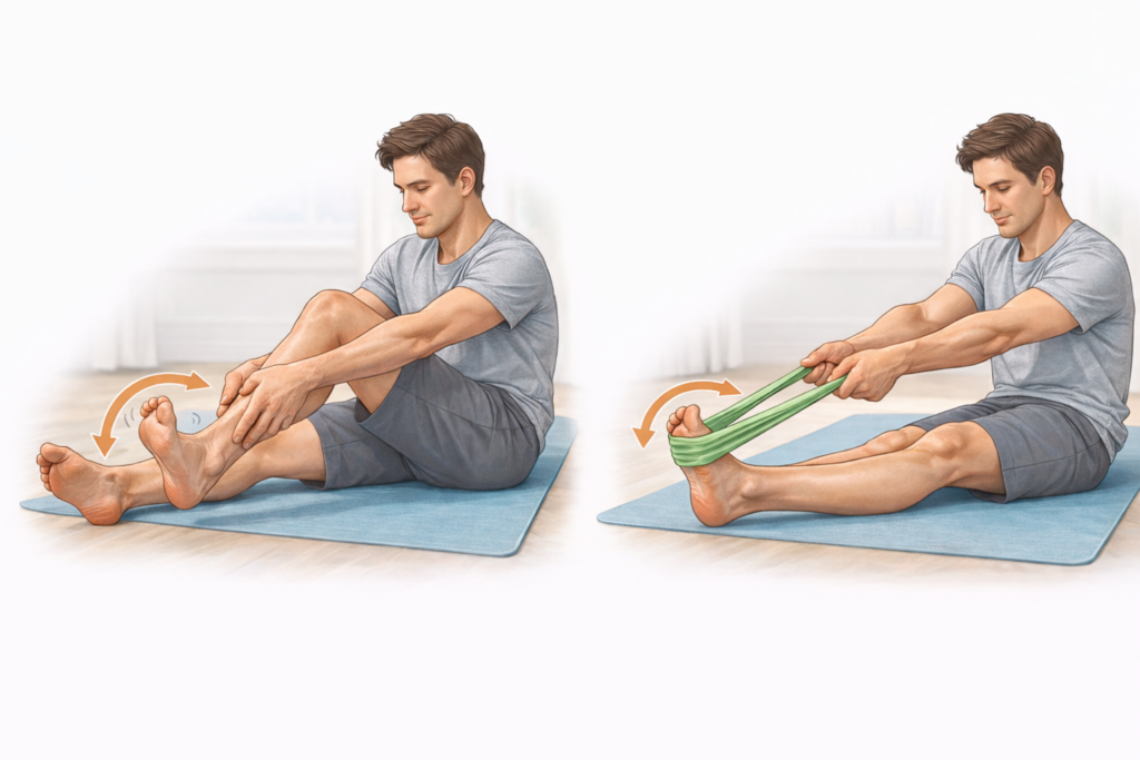 Man performing ankle mobility and stretching exercises on a mat, including gentle ankle movement and resistance band stretching.