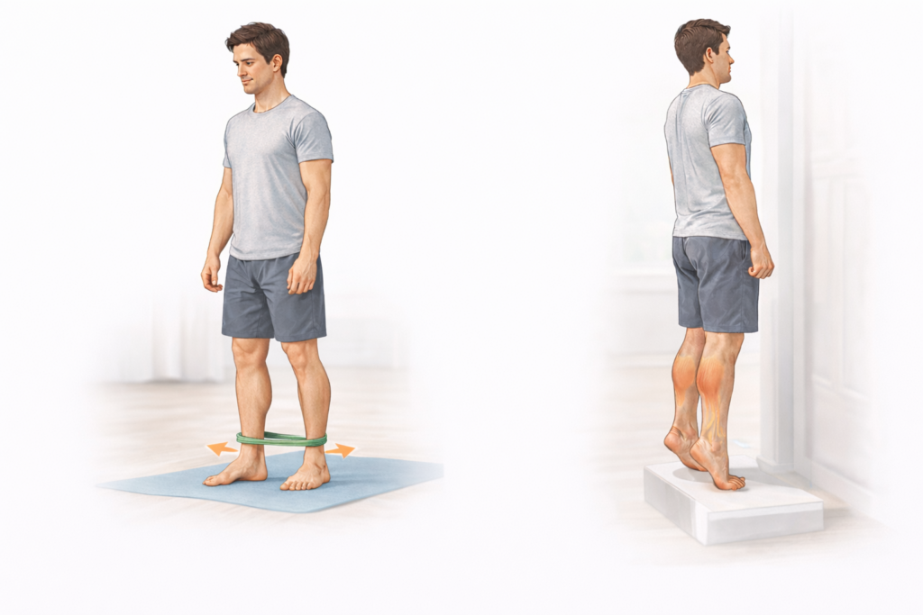 Man performing ankle strengthening with a resistance band and calf raise exercises on a step to improve ankle and foot stability.