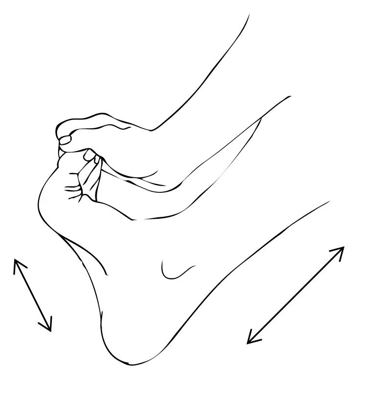Hand pulling the toes upward to stretch the plantar fascia, illustrating a seated plantar fascia stretch.