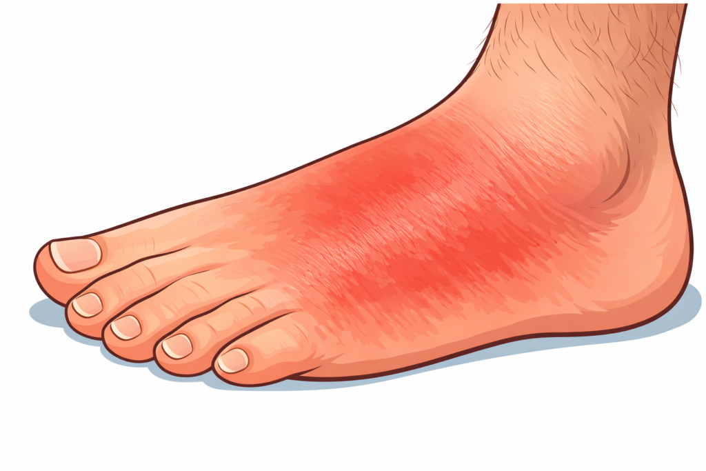 Red and swollen foot with soft tissue infection involving the dorsum of the foot and lower leg