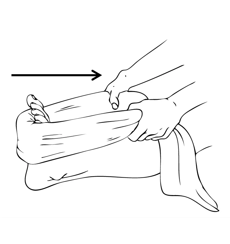 Hand-assisted plantar fascia stretch with a towel, showing a person pulling the forefoot back to stretch the arch of the foot.