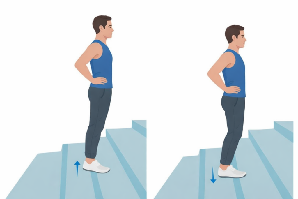 Man performing a stair calf stretch, raising and lowering the heel off a step to stretch the calf muscles and plantar fascia.